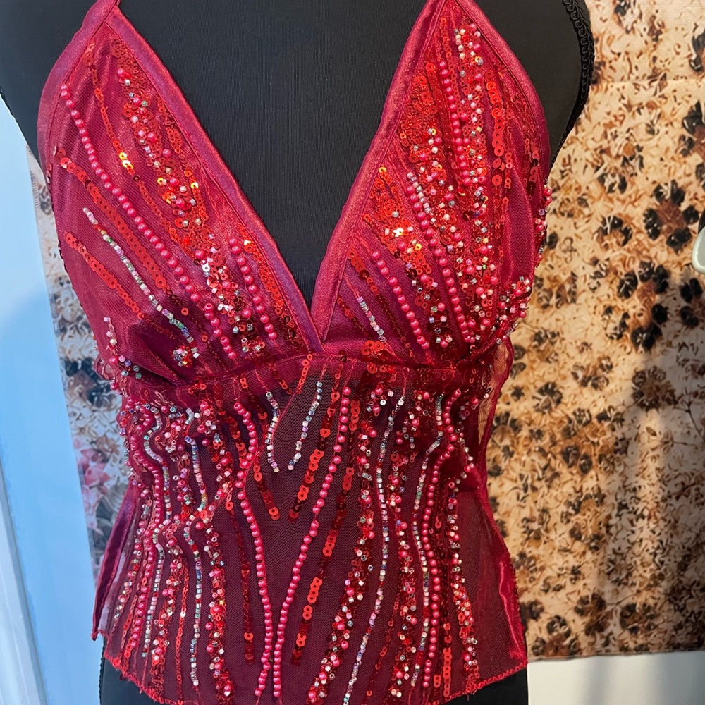 Beaded Deep V Red Sequin Mesh Blouse